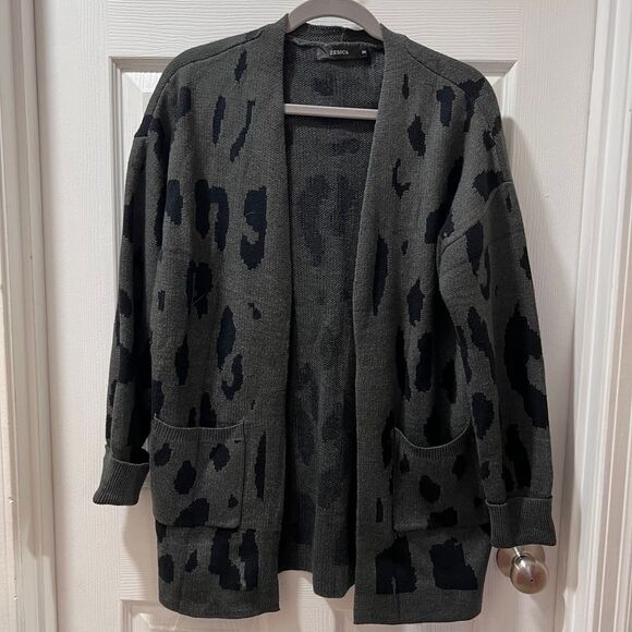ZESICA Leopard‎ Print Open Front Cardigan Sweater with Pockets Grey Black Medium - Picture 1 of 3
